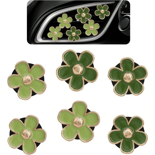 6Pcs Green Daisy Car Air Vent Clips, Two Sizes Sage Olive Green Flower Car Dashboard Decorations