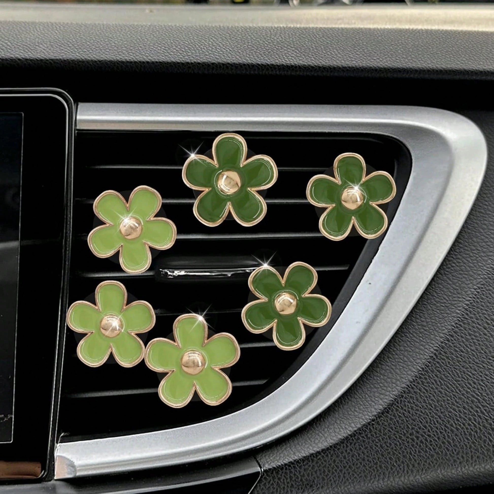 6Pcs Green Daisy Car Air Vent Clips, Two Sizes Sage Olive Green Flower Car Dashboard Decorations
