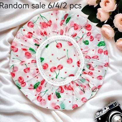 6pcs/Set Adjustable Printed Thick & Extra Large Shower Cap, Reusable, With Elastic Band, Suitable For Women Spa & Salon Use