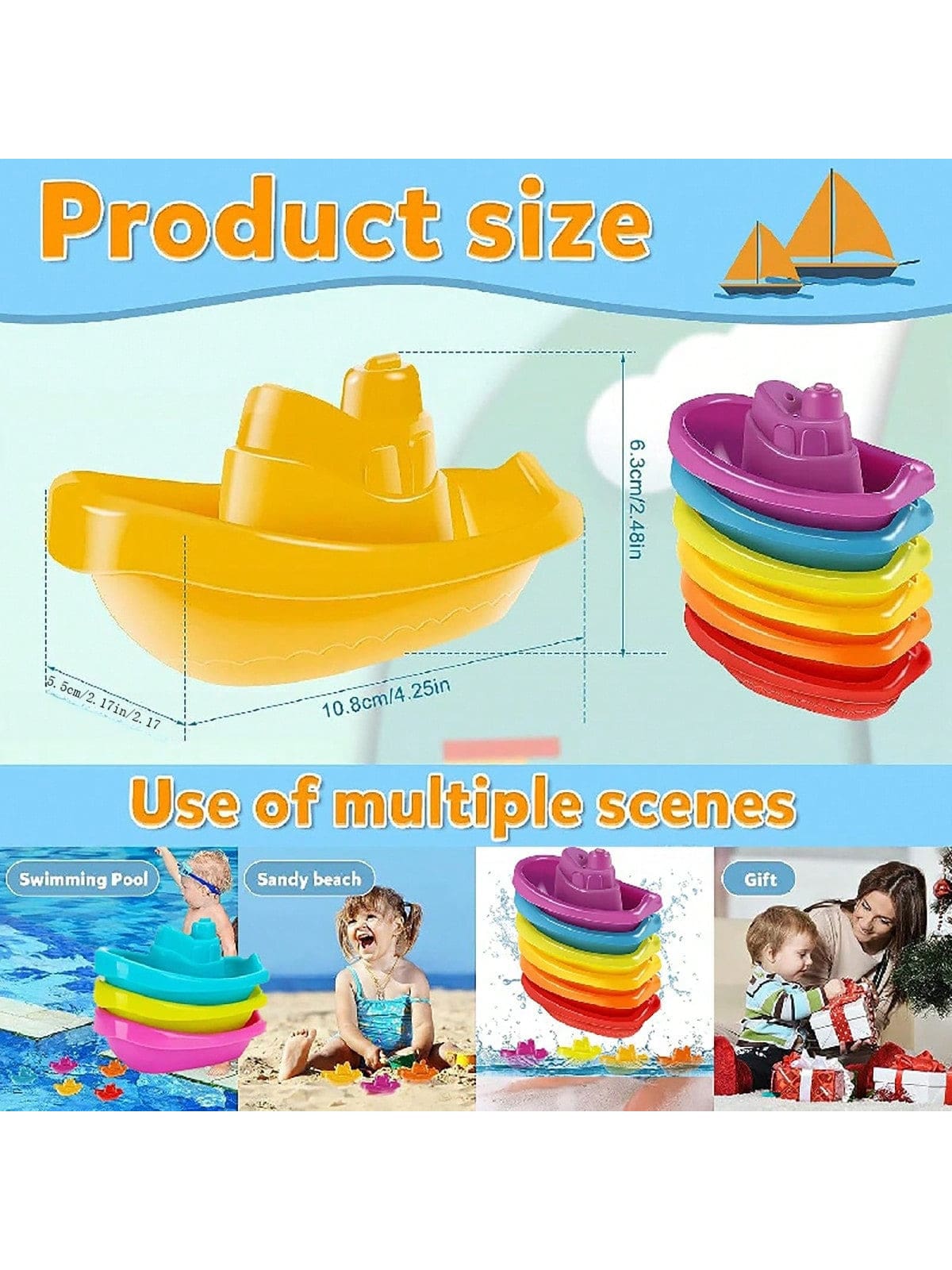 6pcs/Set Kids Swimming Pool Bath Stacking Boat Toys, Summer Water Game Stacking Toys, Outdoor Beach Water Toys, Children's Gift (Random Boat Color), Swimming Pool Toys, Kids Toys, Water Toys, Water Ta