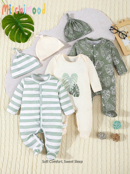 6pcs/Set Newborn Baby Boy/Girl Green Striped & Leaf Print Bodysuit, Pajamas With Hat