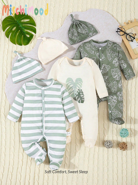 6pcs/Set Newborn Baby Boy/Girl Green Striped & Leaf Print Bodysuit, Pajamas With Hat