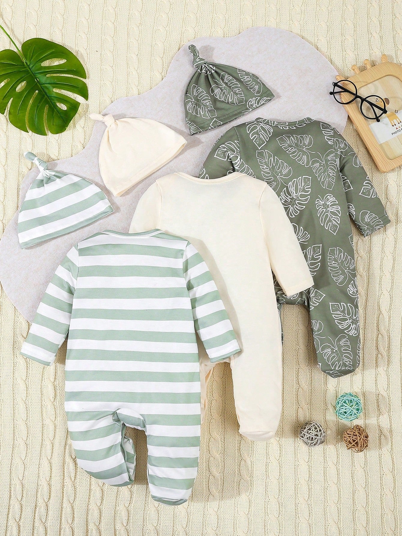 6pcs/Set Newborn Baby Boy/Girl Green Striped & Leaf Print Bodysuit, Pajamas With Hat