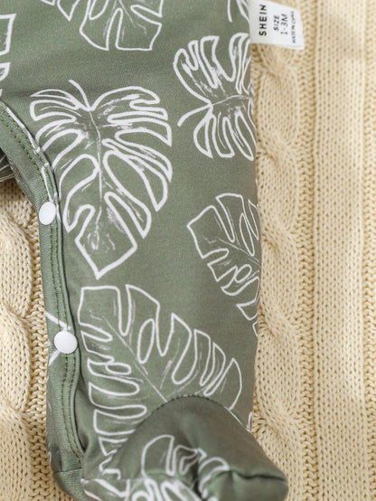 6pcs/Set Newborn Baby Boy/Girl Green Striped & Leaf Print Bodysuit, Pajamas With Hat