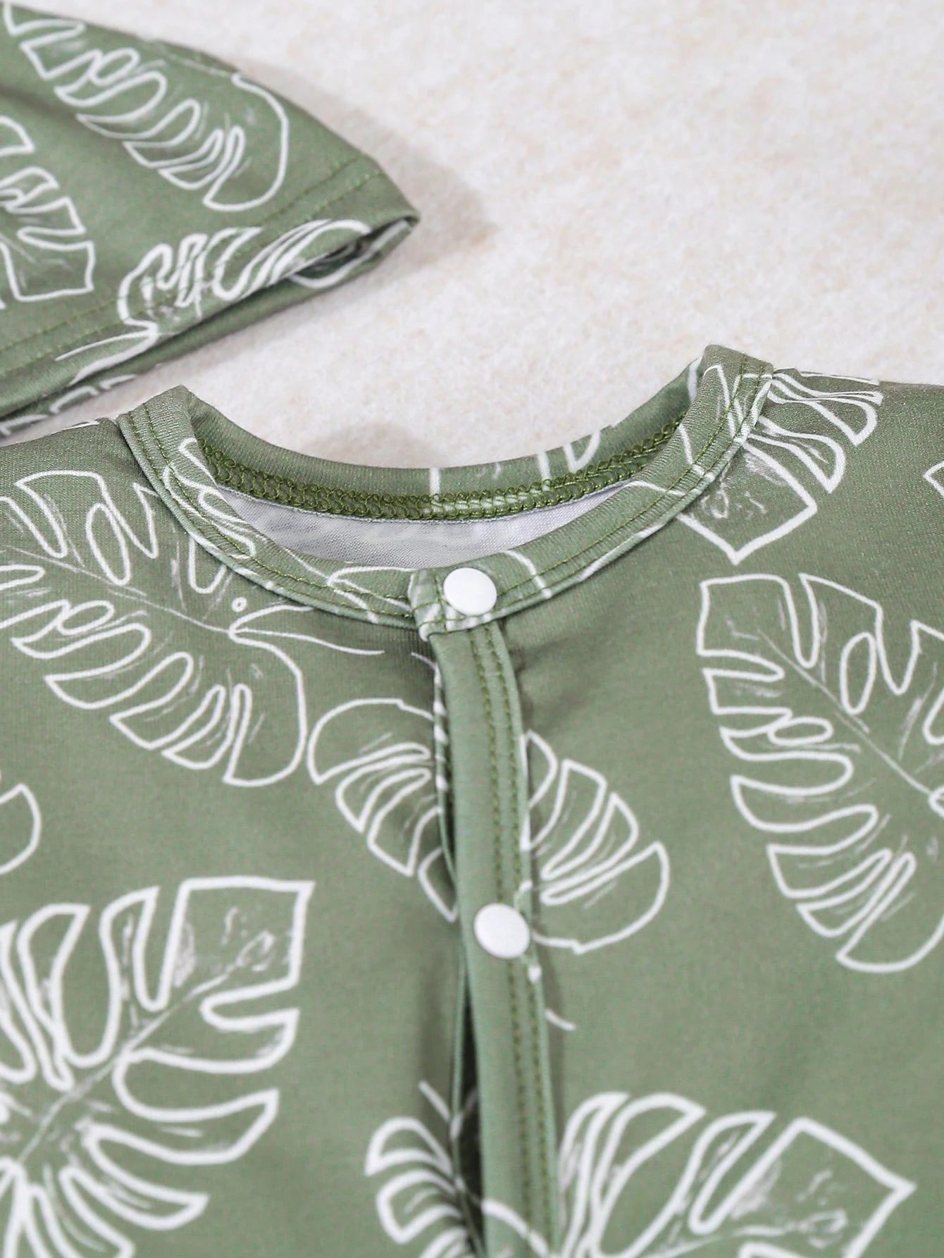 6pcs/Set Newborn Baby Boy/Girl Green Striped & Leaf Print Bodysuit, Pajamas With Hat