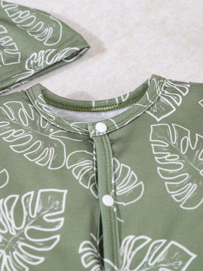 6pcs/Set Newborn Baby Boy/Girl Green Striped & Leaf Print Bodysuit, Pajamas With Hat