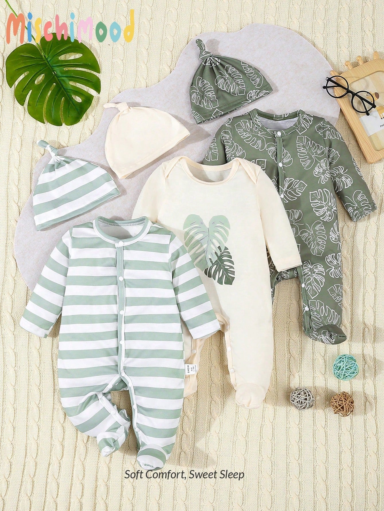 6pcs/Set Newborn Baby Boy/Girl Green Striped & Leaf Print Bodysuit, Pajamas With Hat