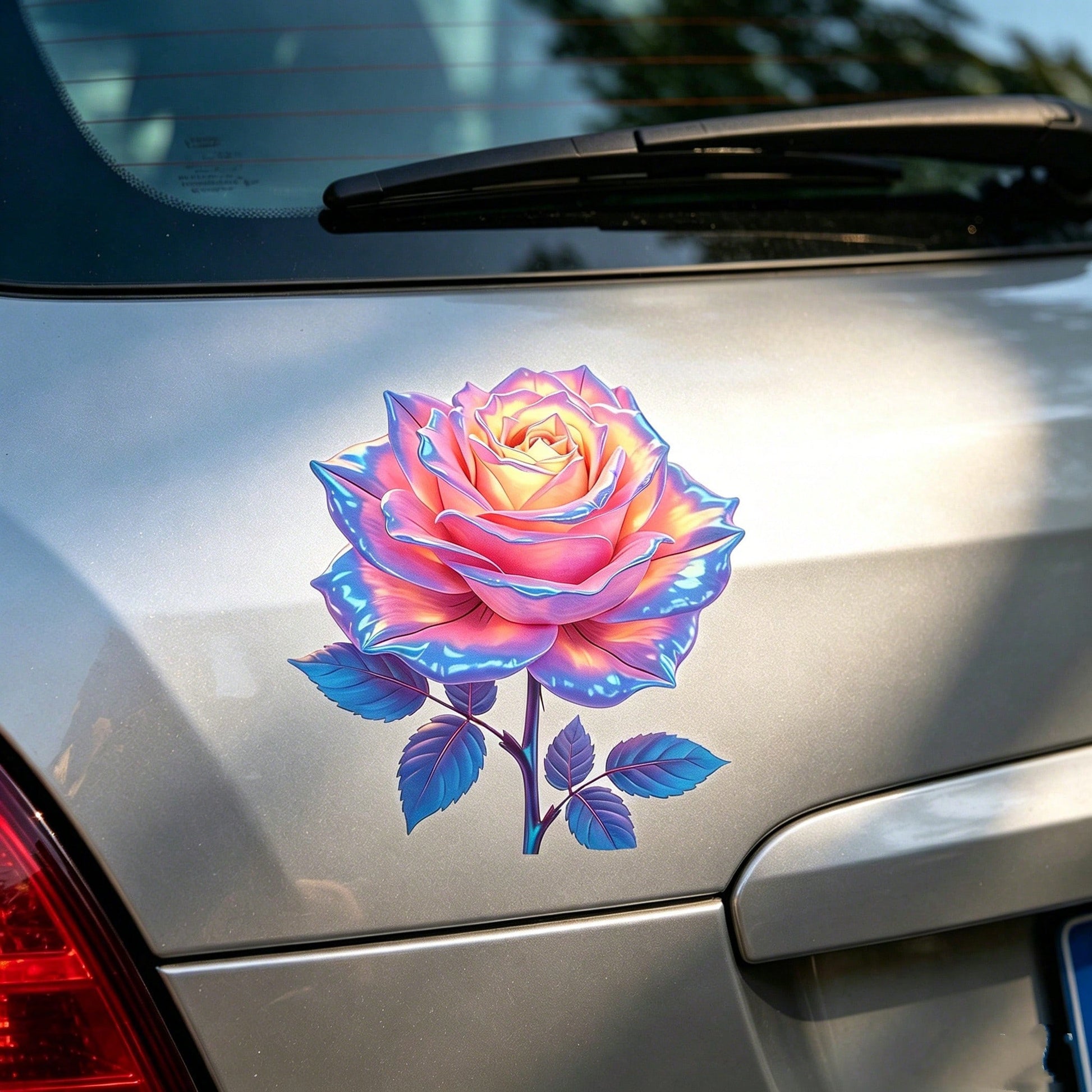 7-Inch Iridescent Color-Changing Rose Vinyl Sticker- Shiny Glossy Surface, Self-Adhesive Dreamy Floral Design, Suitable For Cars, Laptops, Trucks, Windows, Bottles, Phones, Motorcycles, Cups