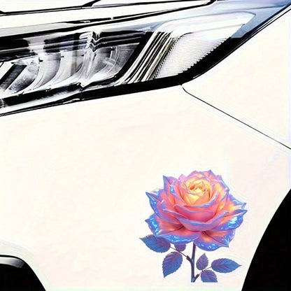 7-Inch Iridescent Color-Changing Rose Vinyl Sticker- Shiny Glossy Surface, Self-Adhesive Dreamy Floral Design, Suitable For Cars, Laptops, Trucks, Windows, Bottles, Phones, Motorcycles, Cups