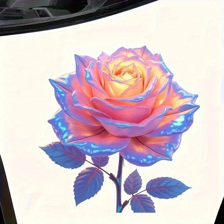 7-Inch Iridescent Color-Changing Rose Vinyl Sticker- Shiny Glossy Surface, Self-Adhesive Dreamy Floral Design, Suitable For Cars, Laptops, Trucks, Windows, Bottles, Phones, Motorcycles, Cups