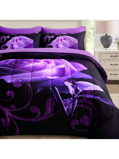 7 Pieces Purple Comforter Set Queen King Size, Rose Pattern Bed In A Bag, Lightweight Soft Microfiber Bedding Sets With Comforter, Flat Sheet, Fitted Sheet, Pillowcases Home Decor Room Decor Bedroom