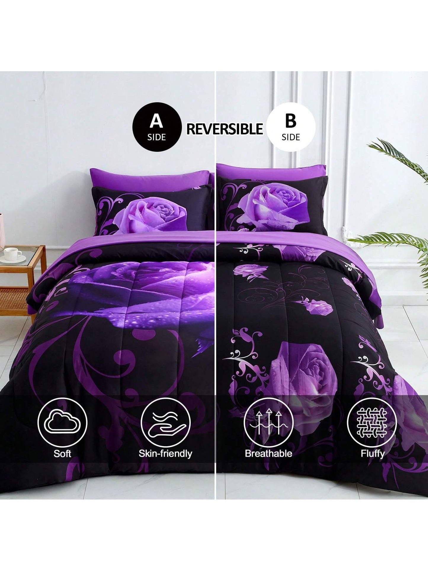 7 Pieces Purple Comforter Set Queen King Size, Rose Pattern Bed In A Bag, Lightweight Soft Microfiber Bedding Sets With Comforter, Flat Sheet, Fitted Sheet, Pillowcases Home Decor Room Decor Bedroom