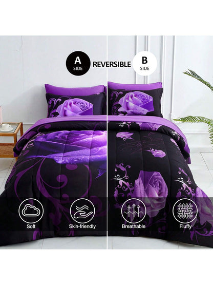 7 Pieces Purple Comforter Set Queen King Size, Rose Pattern Bed In A Bag, Lightweight Soft Microfiber Bedding Sets With Comforter, Flat Sheet, Fitted Sheet, Pillowcases Home Decor Room Decor Bedroom