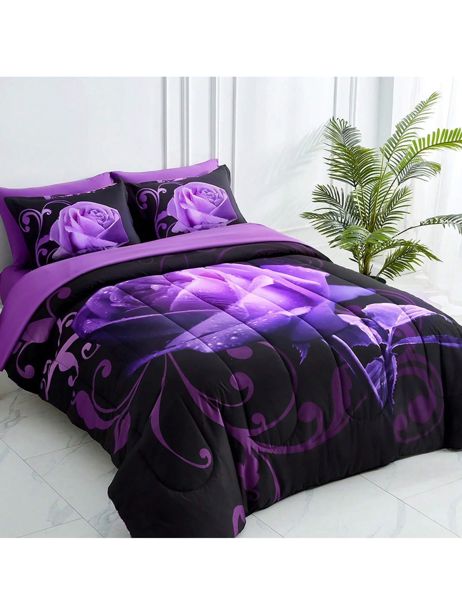 7 Pieces Purple Comforter Set Queen King Size, Rose Pattern Bed In A Bag, Lightweight Soft Microfiber Bedding Sets With Comforter, Flat Sheet, Fitted Sheet, Pillowcases Home Decor Room Decor Bedroom
