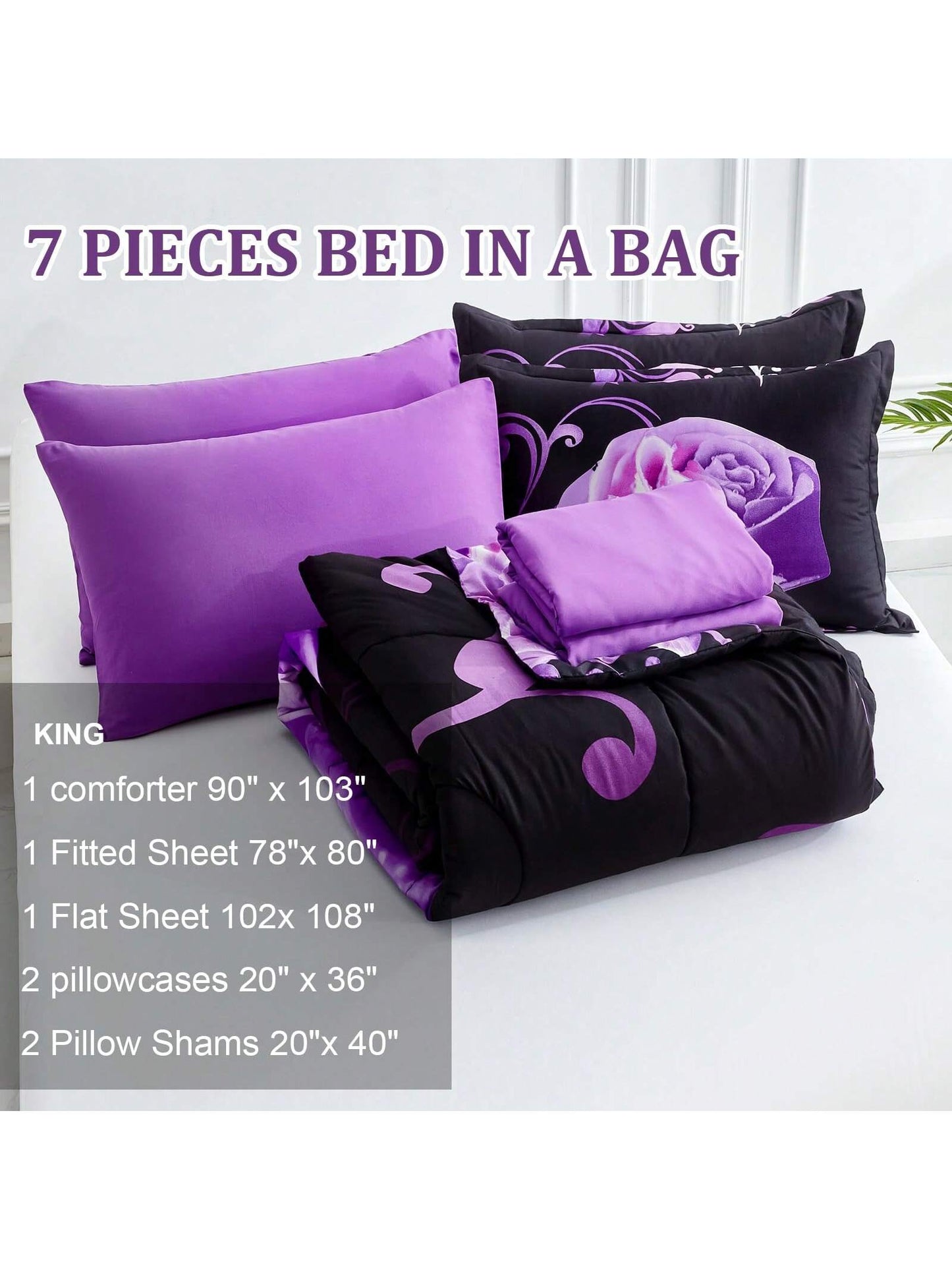 7 Pieces Purple Comforter Set Queen King Size, Rose Pattern Bed In A Bag, Lightweight Soft Microfiber Bedding Sets With Comforter, Flat Sheet, Fitted Sheet, Pillowcases Home Decor Room Decor Bedroom