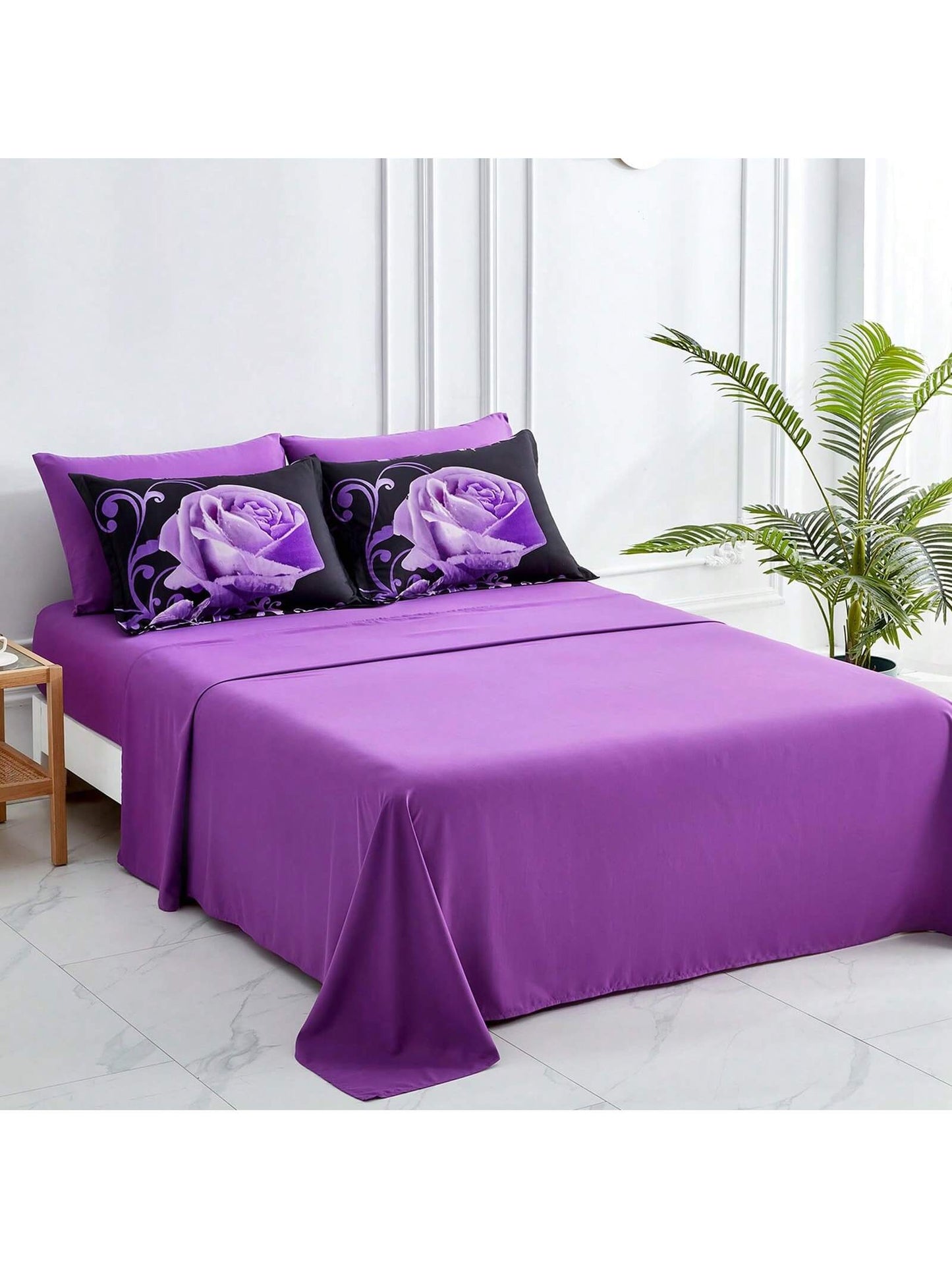 7 Pieces Purple Comforter Set Queen King Size, Rose Pattern Bed In A Bag, Lightweight Soft Microfiber Bedding Sets With Comforter, Flat Sheet, Fitted Sheet, Pillowcases Home Decor Room Decor Bedroom