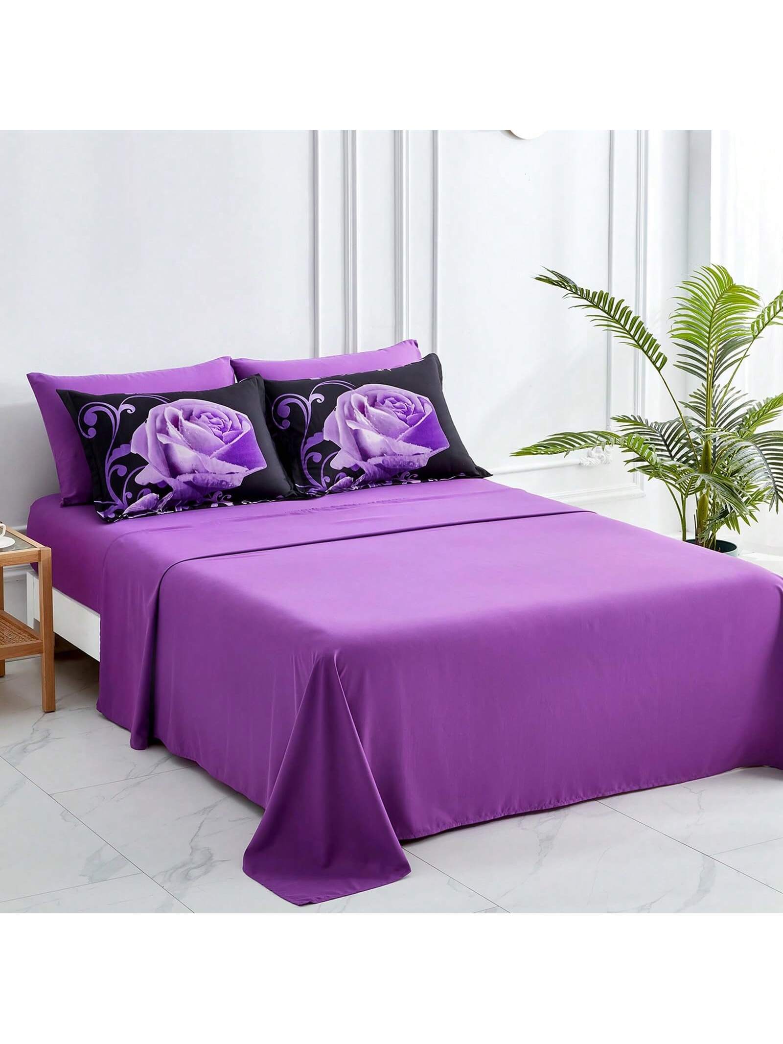 7 Pieces Purple Comforter Set Queen King Size, Rose Pattern Bed In A Bag, Lightweight Soft Microfiber Bedding Sets With Comforter, Flat Sheet, Fitted Sheet, Pillowcases Home Decor Room Decor Bedroom