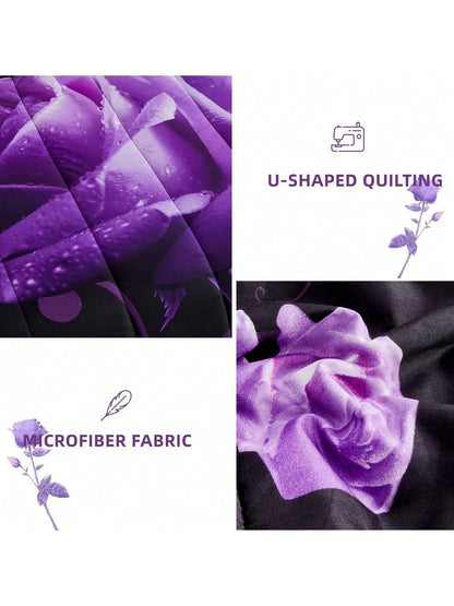 7 Pieces Purple Comforter Set Queen King Size, Rose Pattern Bed In A Bag, Lightweight Soft Microfiber Bedding Sets With Comforter, Flat Sheet, Fitted Sheet, Pillowcases Home Decor Room Decor Bedroom