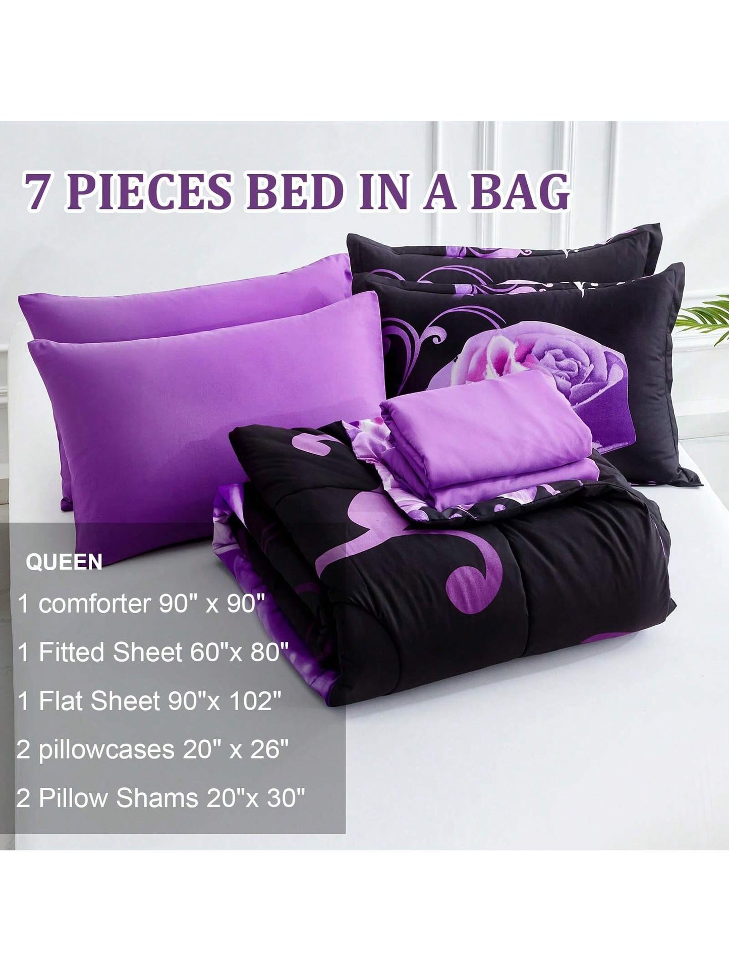 7 Pieces Purple Comforter Set Queen King Size, Rose Pattern Bed In A Bag, Lightweight Soft Microfiber Bedding Sets With Comforter, Flat Sheet, Fitted Sheet, Pillowcases Home Decor Room Decor Bedroom
