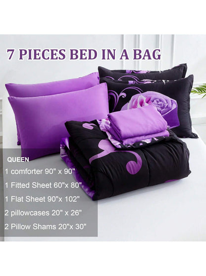 7 Pieces Purple Comforter Set Queen King Size, Rose Pattern Bed In A Bag, Lightweight Soft Microfiber Bedding Sets With Comforter, Flat Sheet, Fitted Sheet, Pillowcases Home Decor Room Decor Bedroom
