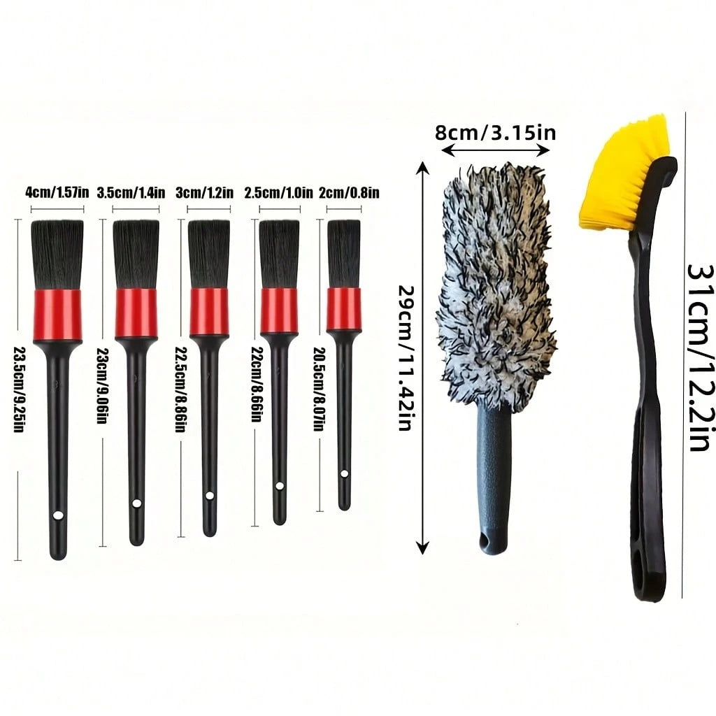 7pcs Set, 5pcs Detail Brushes And 2pcs Tire Brushes, Wheel Hub Deep Cleaning Brushes, Soft Bristles Protect Vehicle Surface From Scratches, Car Wash Care And Beauty Brush Set, For Cleaning Wheel Hubs