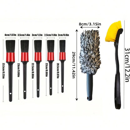 7pcs Set, 5pcs Detail Brushes And 2pcs Tire Brushes, Wheel Hub Deep Cleaning Brushes, Soft Bristles Protect Vehicle Surface From Scratches, Car Wash Care And Beauty Brush Set, For Cleaning Wheel Hubs