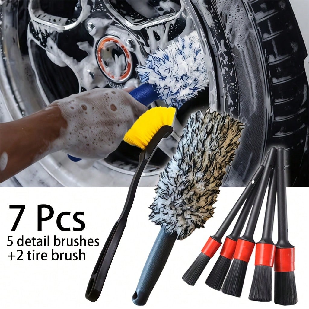7pcs Set, 5pcs Detail Brushes And 2pcs Tire Brushes, Wheel Hub Deep Cleaning Brushes, Soft Bristles Protect Vehicle Surface From Scratches, Car Wash Care And Beauty Brush Set, For Cleaning Wheel Hubs