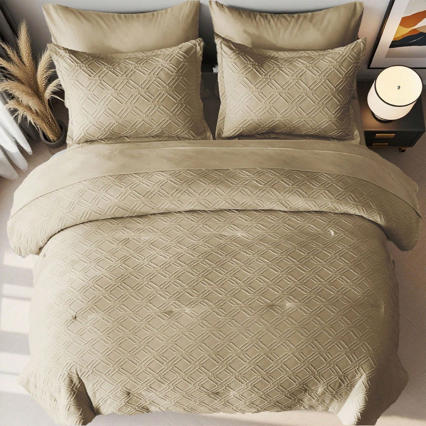 7pcs Simple And Stylish Embossed Comforter Sets Queen, 100% Polyester Lightweight Comfortable Summer Bedding Set, Super Soft And Breathable, Include 1 Comforter+1 Flat Sheet+1 Fitted Sheet+2 Pillowcas
