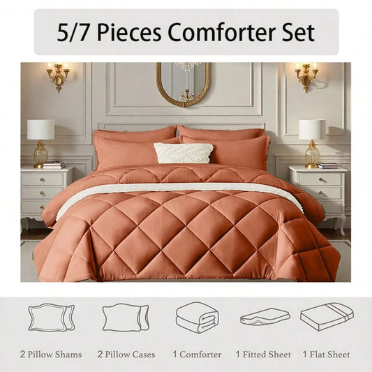 7pieces(Full/Queen/King)Lightweight Solid Comforter Set For All Seasons, Twin(5 Pieces), Soft & Comfortable Bed In A Bag Set For Student/Friends/Colleage, Boho Pintuck Bedding Comforter Sets, A Cloud