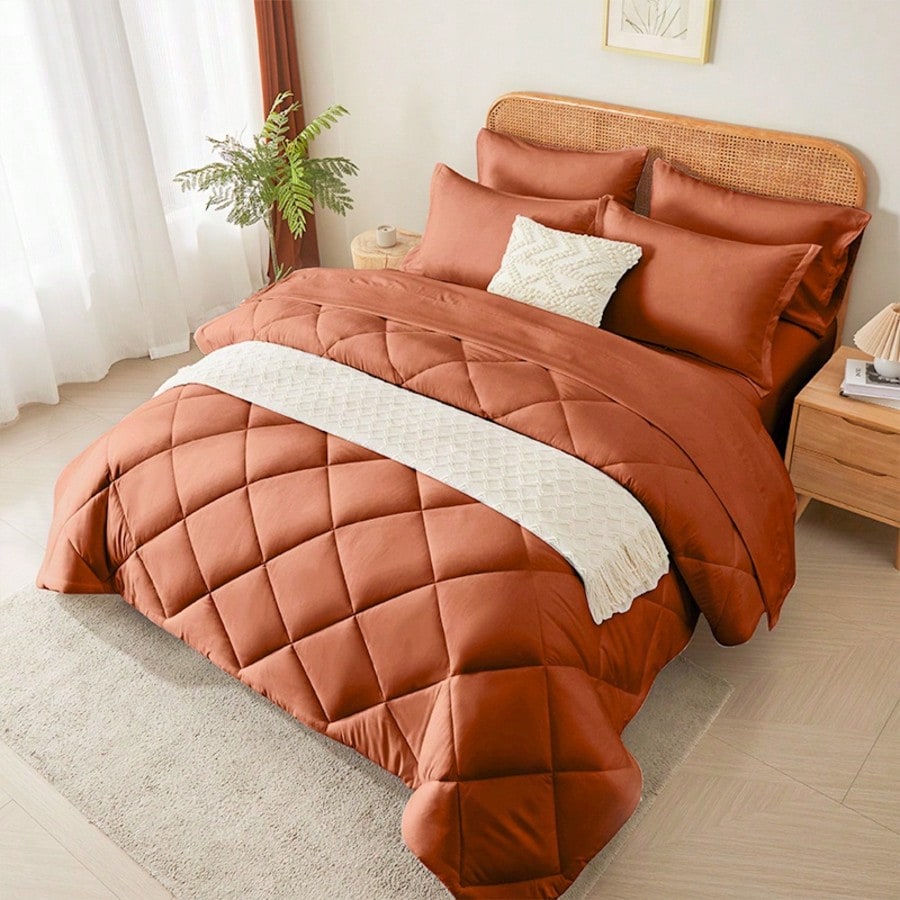 7pieces(Full/Queen/King)Lightweight Solid Comforter Set For All Seasons, Twin(5 Pieces), Soft & Comfortable Bed In A Bag Set For Student/Friends/Colleage, Boho Pintuck Bedding Comforter Sets, A Cloud