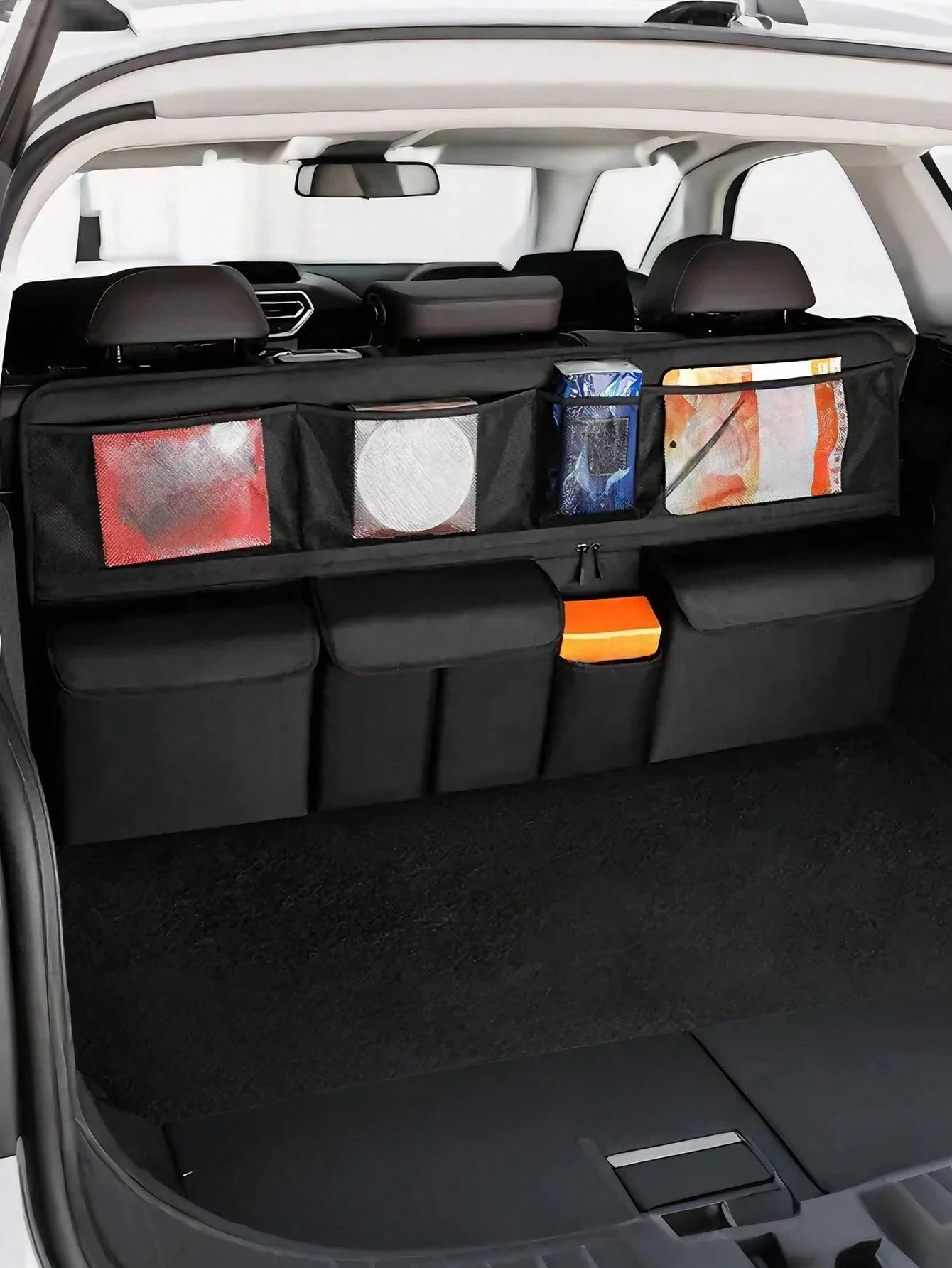 8-Pocket Car Trunk Hanging Storage Organizer Bag/ Storage Box Option, Multi-Function Seat Back Storage Net Bag, Large Capacity Classified Car Rear Seat Hanging Storage Bag, Essential Travel Organizin