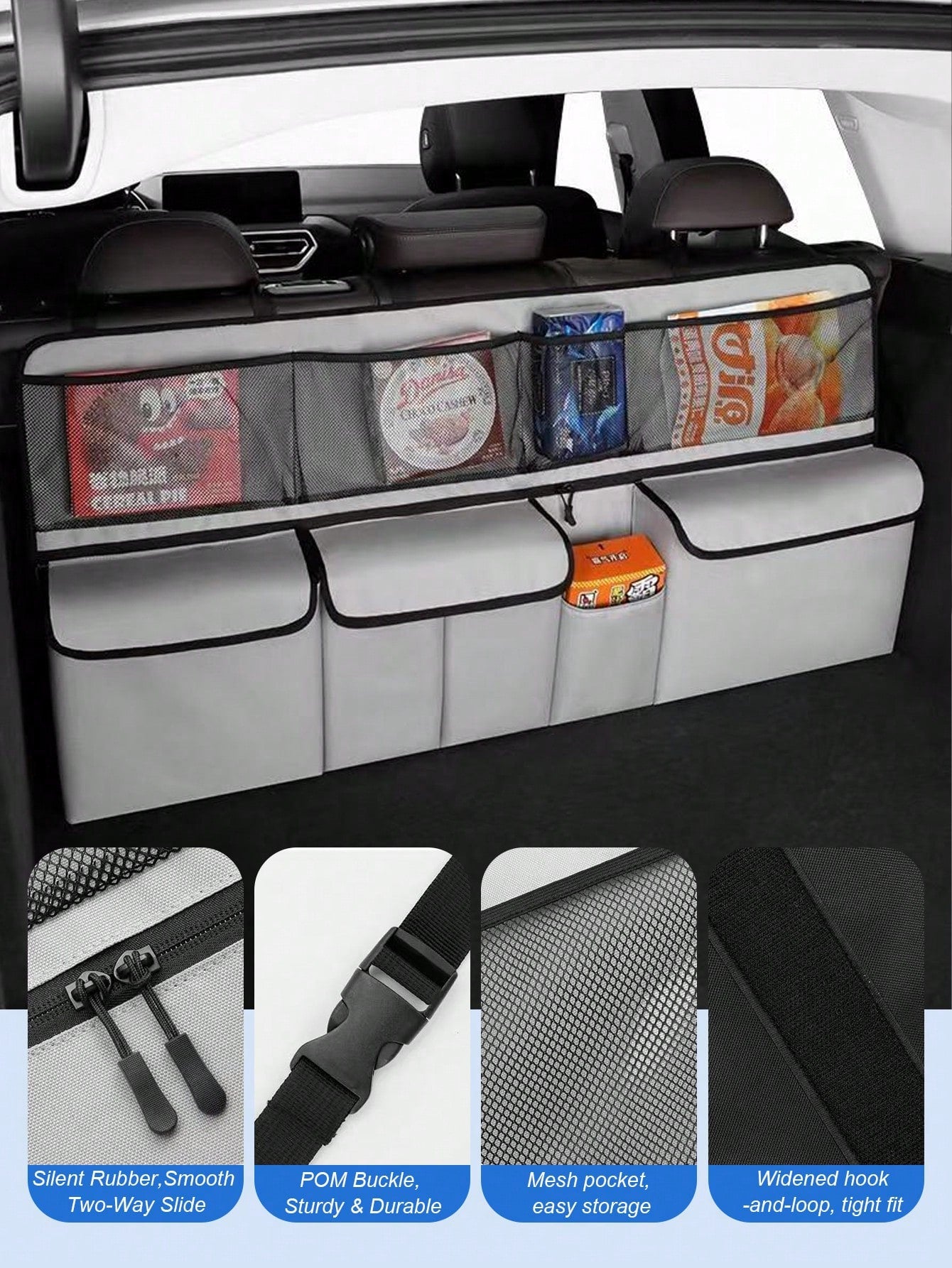 8-Pocket Car Trunk Hanging Storage Organizer Bag/ Storage Box Option, Multi-Function Seat Back Storage Net Bag, Large Capacity Classified Car Rear Seat Hanging Storage Bag, Essential Travel Organizin