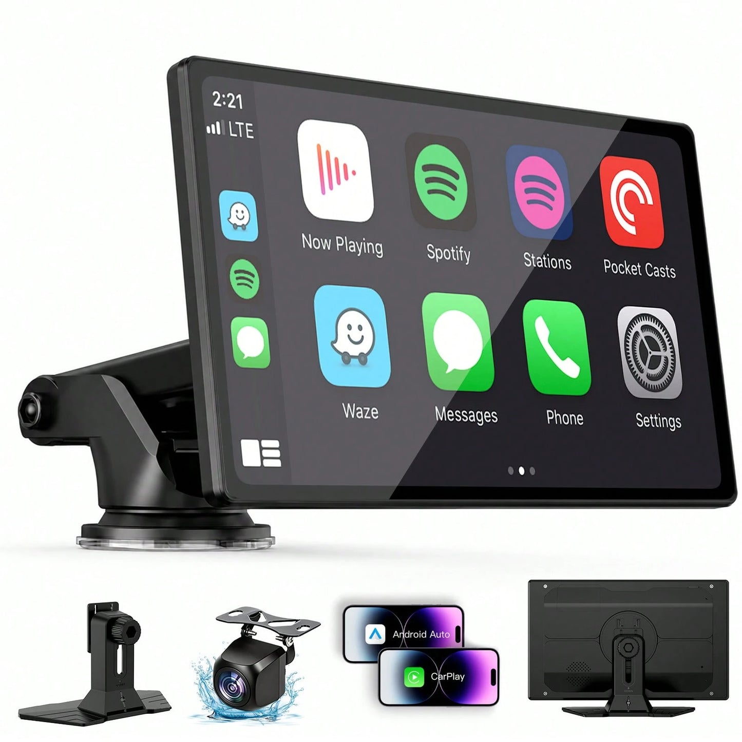 9-Inch Portable CarPlay Screen For Car- Built-In Backup Camera, GPS Navigation, Siri Voice Assistant, FM Radio, AUX & Mirror Link- Supports Apple CarPlay & Android Auto