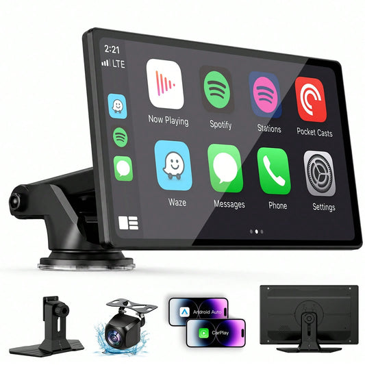 9-Inch Portable CarPlay Screen For Car- Built-In Backup Camera, GPS Navigation, Siri Voice Assistant, FM Radio, AUX & Mirror Link- Supports Apple CarPlay & Android Auto