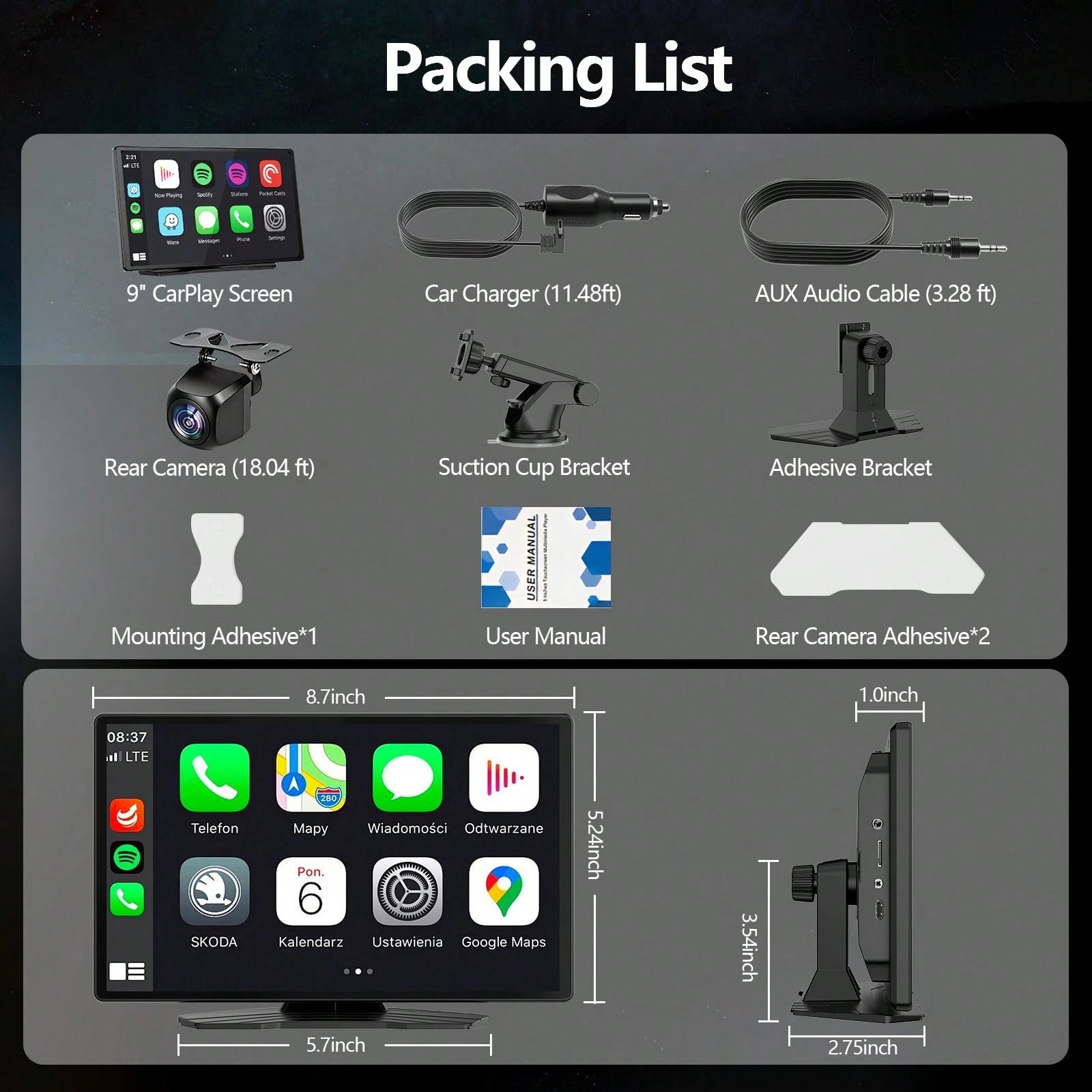 9-Inch Portable CarPlay Screen For Car- Built-In Backup Camera, GPS Navigation, Siri Voice Assistant, FM Radio, AUX & Mirror Link- Supports Apple CarPlay & Android Auto