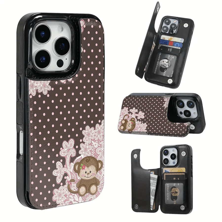 A Monkey With A Bow Against A Brown Background Textured Leather Card Holder Phone Case- Compatible With The 17 Pro Max/Air/16/15/14/13/12/11 Series, As Well As The S22/S23/S24/25 Series. An Ideal G
