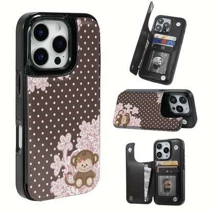 A Monkey With A Bow Against A Brown Background Textured Leather Card Holder Phone Case- Compatible With The 17 Pro Max/Air/16/15/14/13/12/11 Series, As Well As The S22/S23/S24/25 Series. An Ideal G