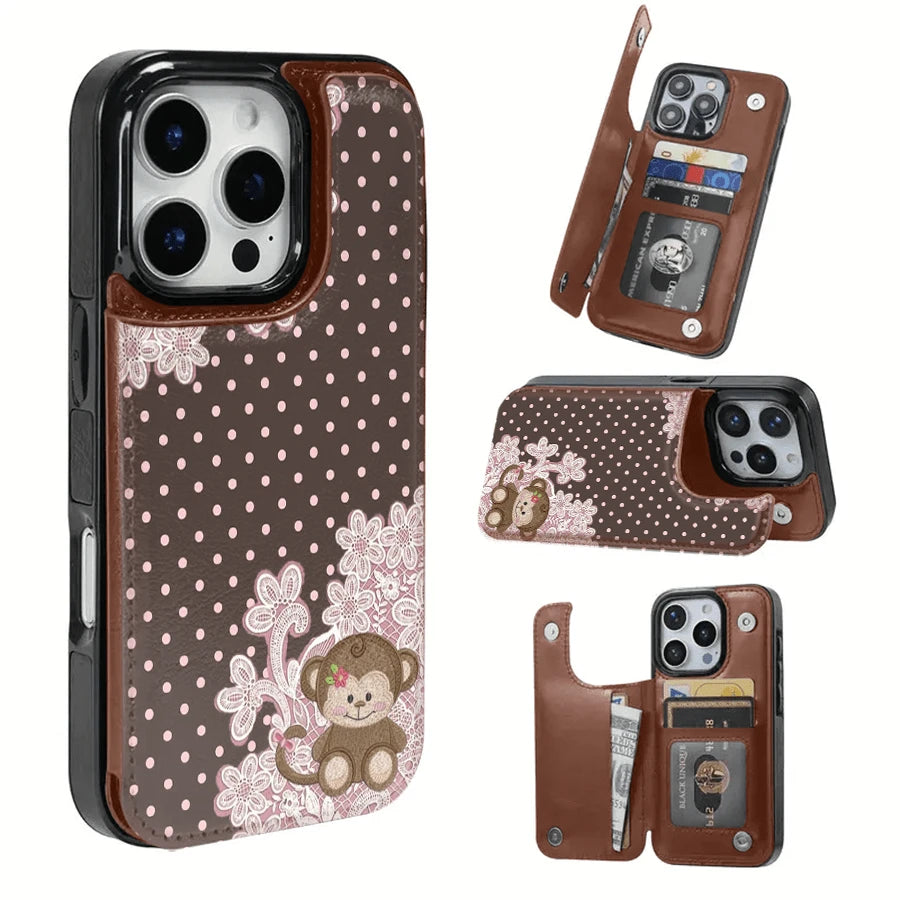 A Monkey With A Bow Against A Brown Background Textured Leather Card Holder Phone Case- Compatible With The 17 Pro Max/Air/16/15/14/13/12/11 Series, As Well As The S22/S23/S24/25 Series. An Ideal G