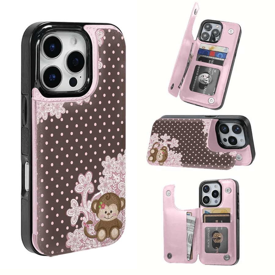 A Monkey With A Bow Against A Brown Background Textured Leather Card Holder Phone Case- Compatible With The 17 Pro Max/Air/16/15/14/13/12/11 Series, As Well As The S22/S23/S24/25 Series. An Ideal G
