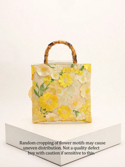 A Summer Style Beige Canvas Tote Bag With Bamboo Handle. This Women's Handbag Combines Linen And Mesh Fabric, Decorated With Exquisite 3D Floral Embroidery, Creating A Bohemian Vibe. It Is The Perfect