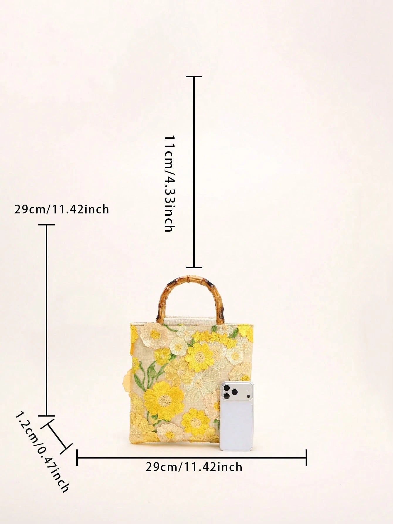 A Summer Style Beige Canvas Tote Bag With Bamboo Handle. This Women's Handbag Combines Linen And Mesh Fabric, Decorated With Exquisite 3D Floral Embroidery, Creating A Bohemian Vibe. It Is The Perfect