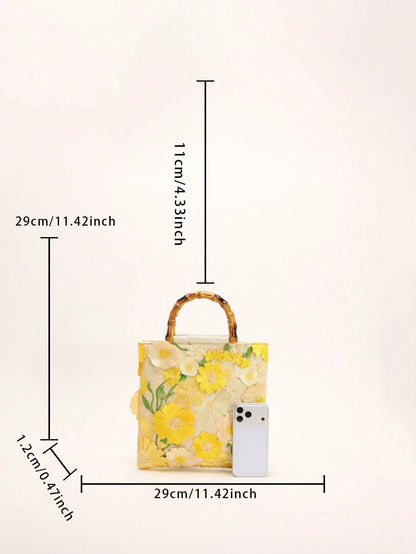 A Summer Style Beige Canvas Tote Bag With Bamboo Handle. This Women's Handbag Combines Linen And Mesh Fabric, Decorated With Exquisite 3D Floral Embroidery, Creating A Bohemian Vibe. It Is The Perfect