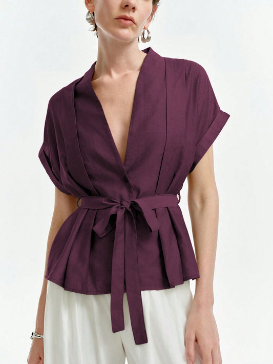 Aalyst Women's Casual V-Neck Pleated Shoulder Turnup Sleeve Short Sleeve Linen Blouse, Spring/Summer