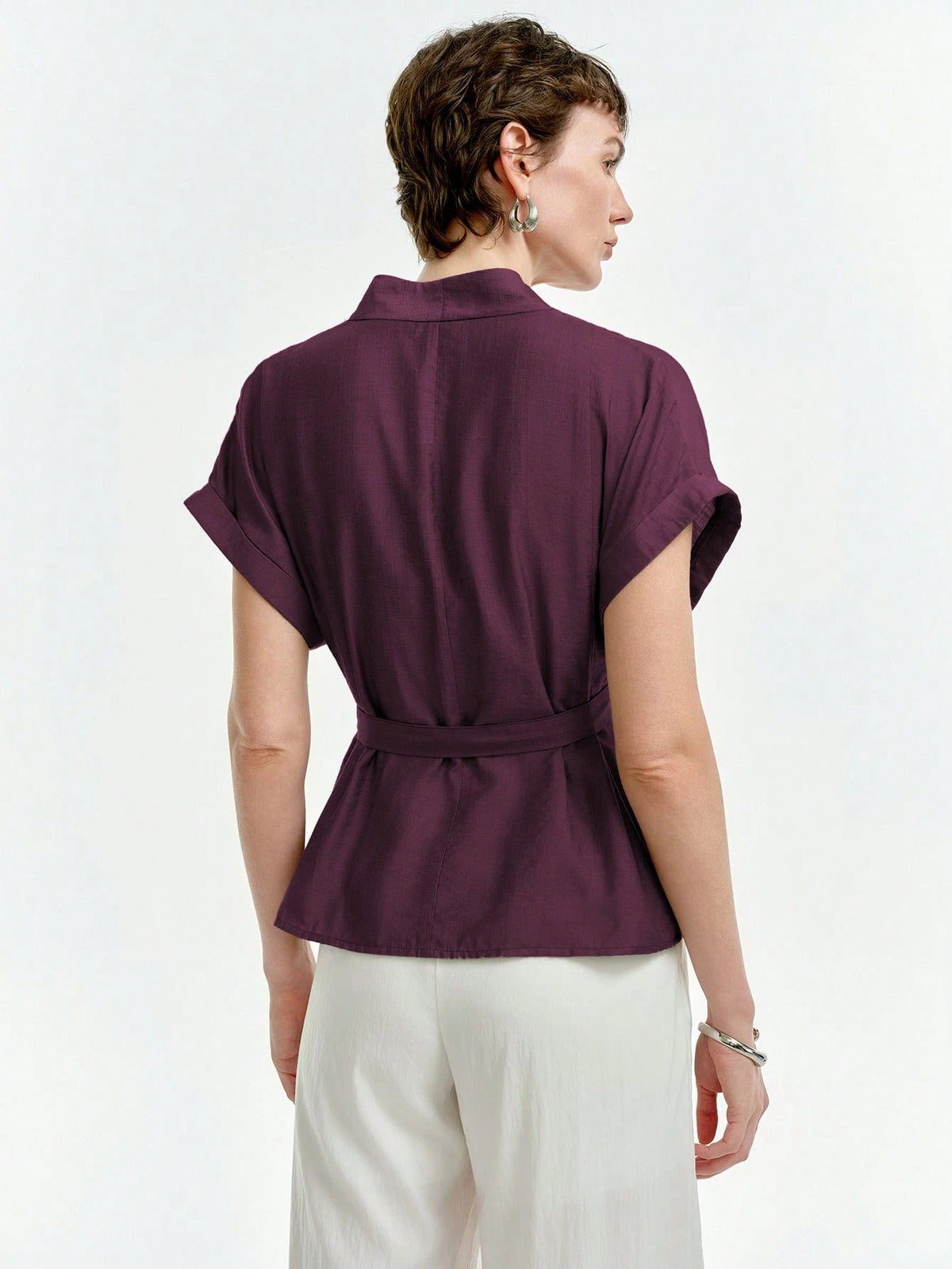 Aalyst Women's Casual V-Neck Pleated Shoulder Turnup Sleeve Short Sleeve Linen Blouse, Spring/Summer