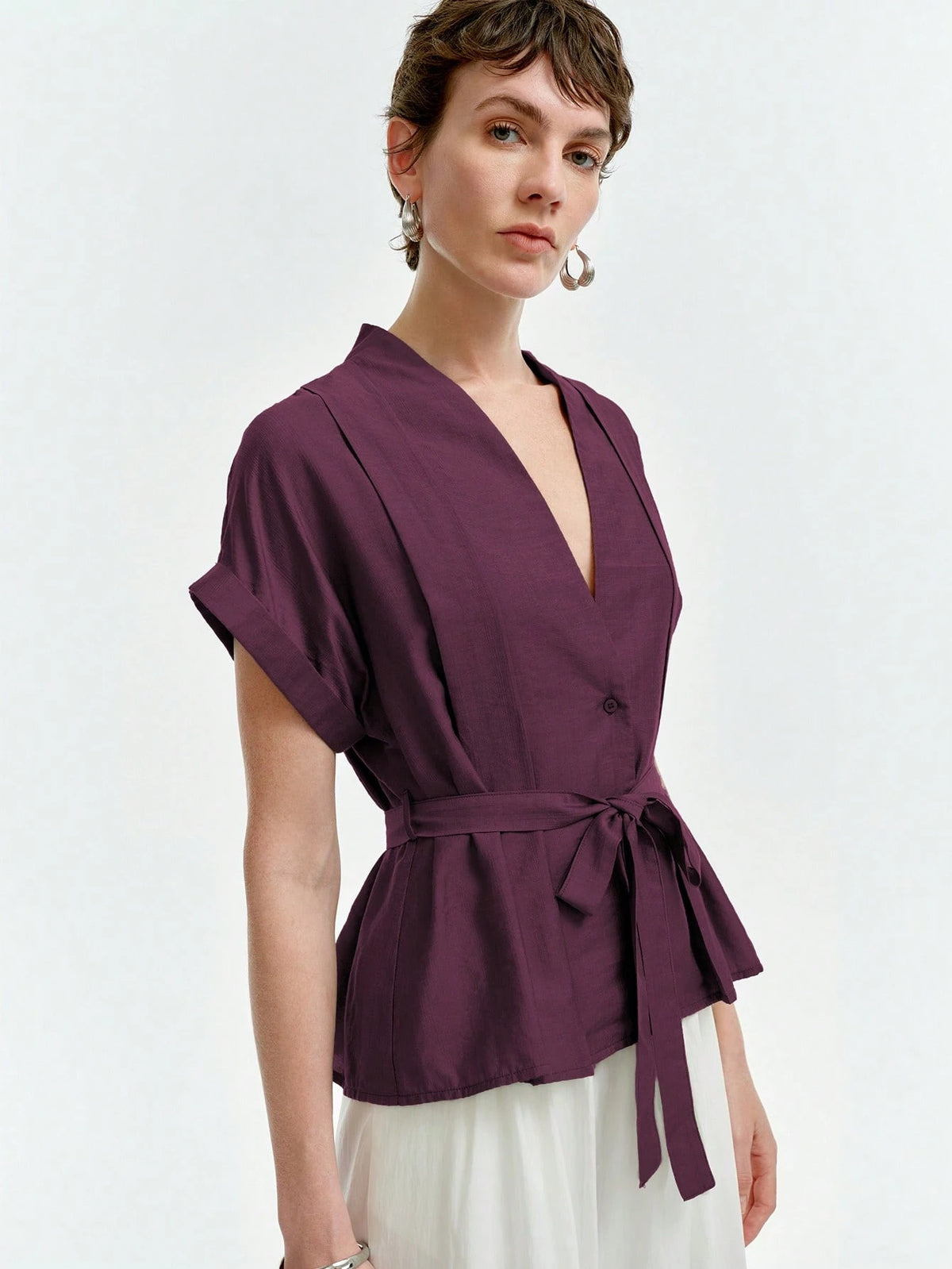 Aalyst Women's Casual V-Neck Pleated Shoulder Turnup Sleeve Short Sleeve Linen Blouse, Spring/Summer