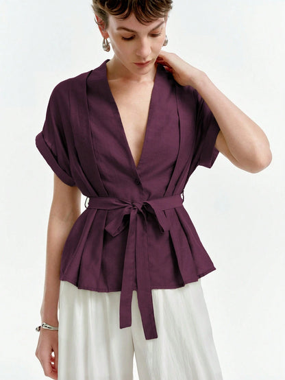 Aalyst Women's Casual V-Neck Pleated Shoulder Turnup Sleeve Short Sleeve Linen Blouse, Spring/Summer