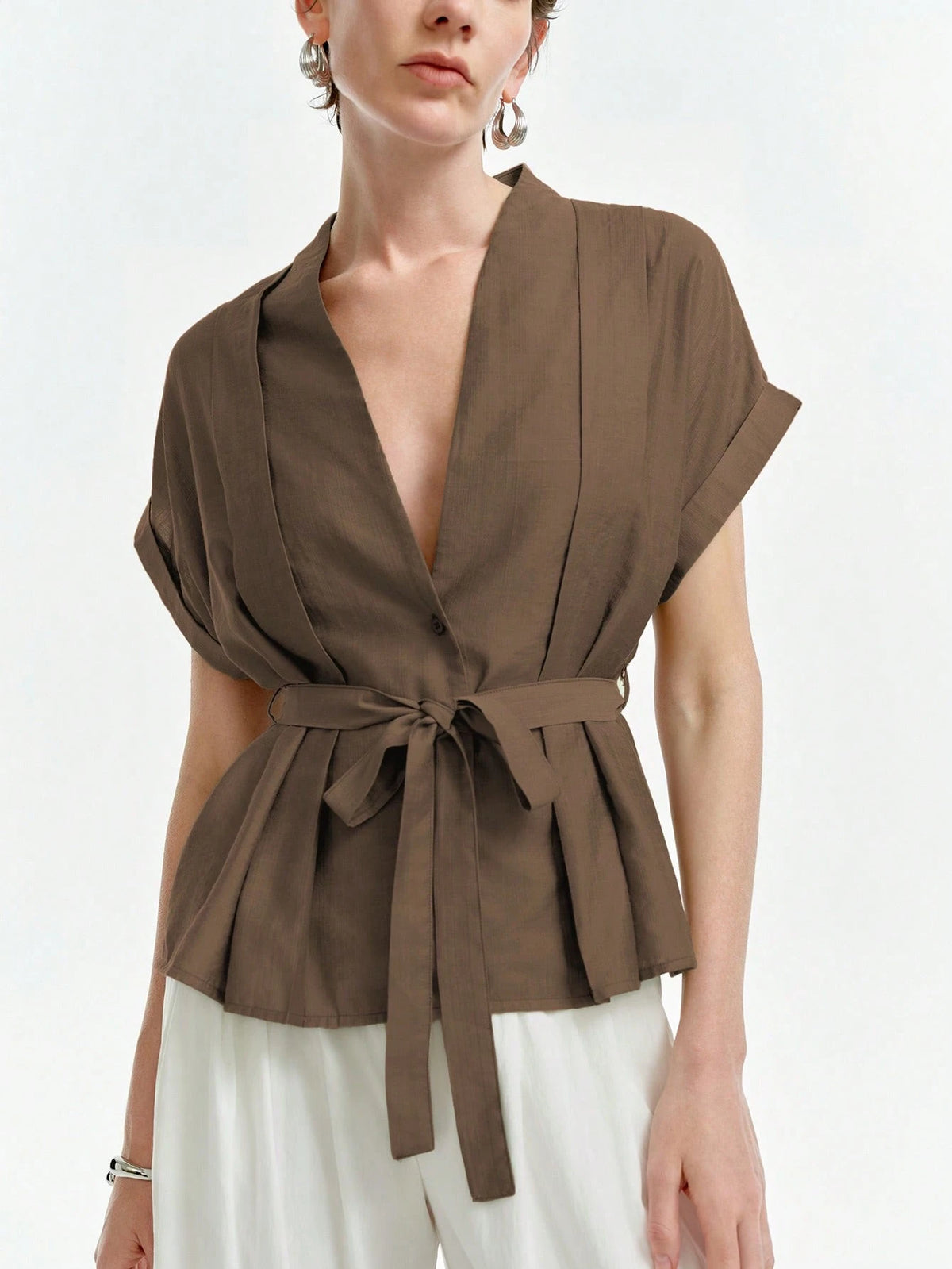 Aalyst Women's Casual V-Neck Pleated Shoulder Turnup Sleeve Short Sleeve Linen Blouse, Spring/Summer