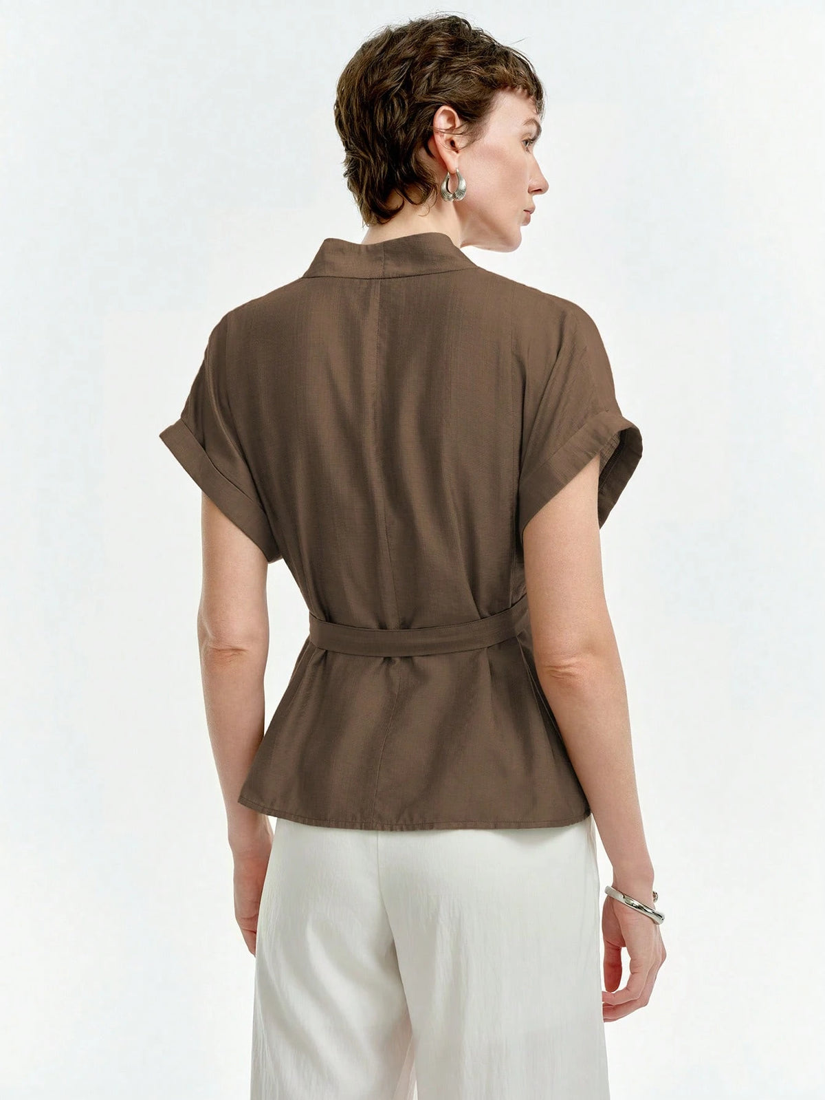 Aalyst Women's Casual V-Neck Pleated Shoulder Turnup Sleeve Short Sleeve Linen Blouse, Spring/Summer
