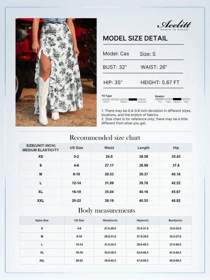 Acelitt Black Bohemian Floral High Waist Ruffle Hem Slit Lightweight Slightly Sheer Maxi Skirt Summer