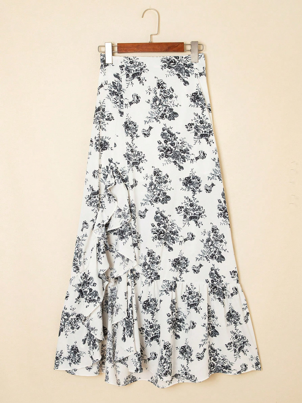 Acelitt Black Bohemian Floral High Waist Ruffle Hem Slit Lightweight Slightly Sheer Maxi Skirt Summer